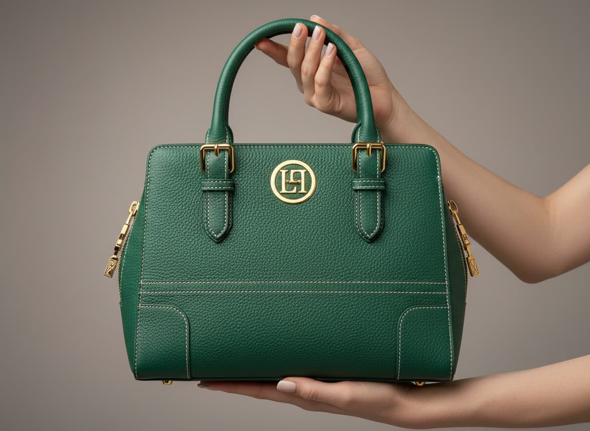 Close-up of bag showing preserved hardware, brand logo and luxury details on AI model