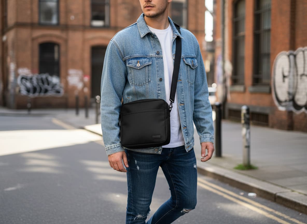 AI model carrying bag with complete outfit showing lifestyle styling and proportions