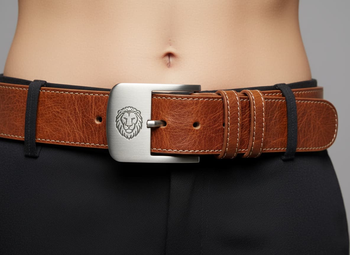 Close-up of belt showing preserved buckle design, leather texture and quality details on AI model