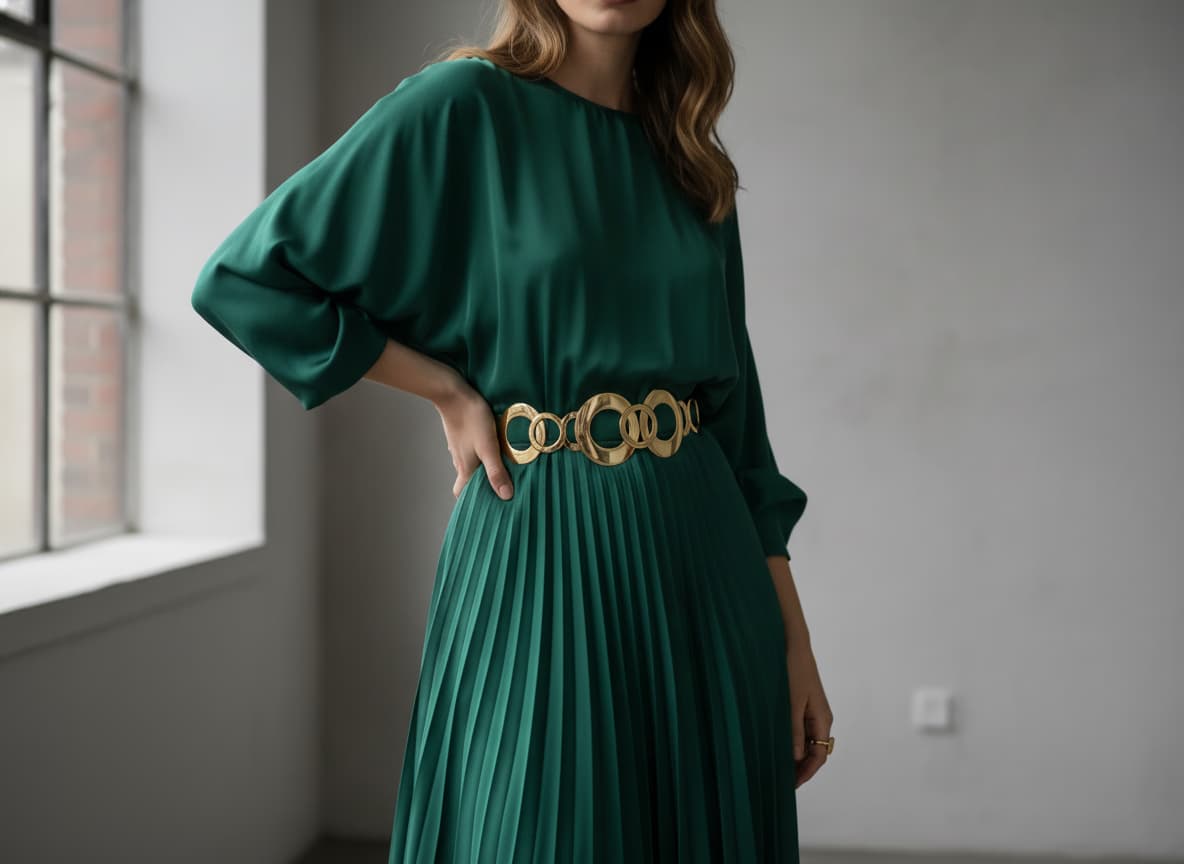 AI model wearing belt with complete outfit showing waist fit and styling integration