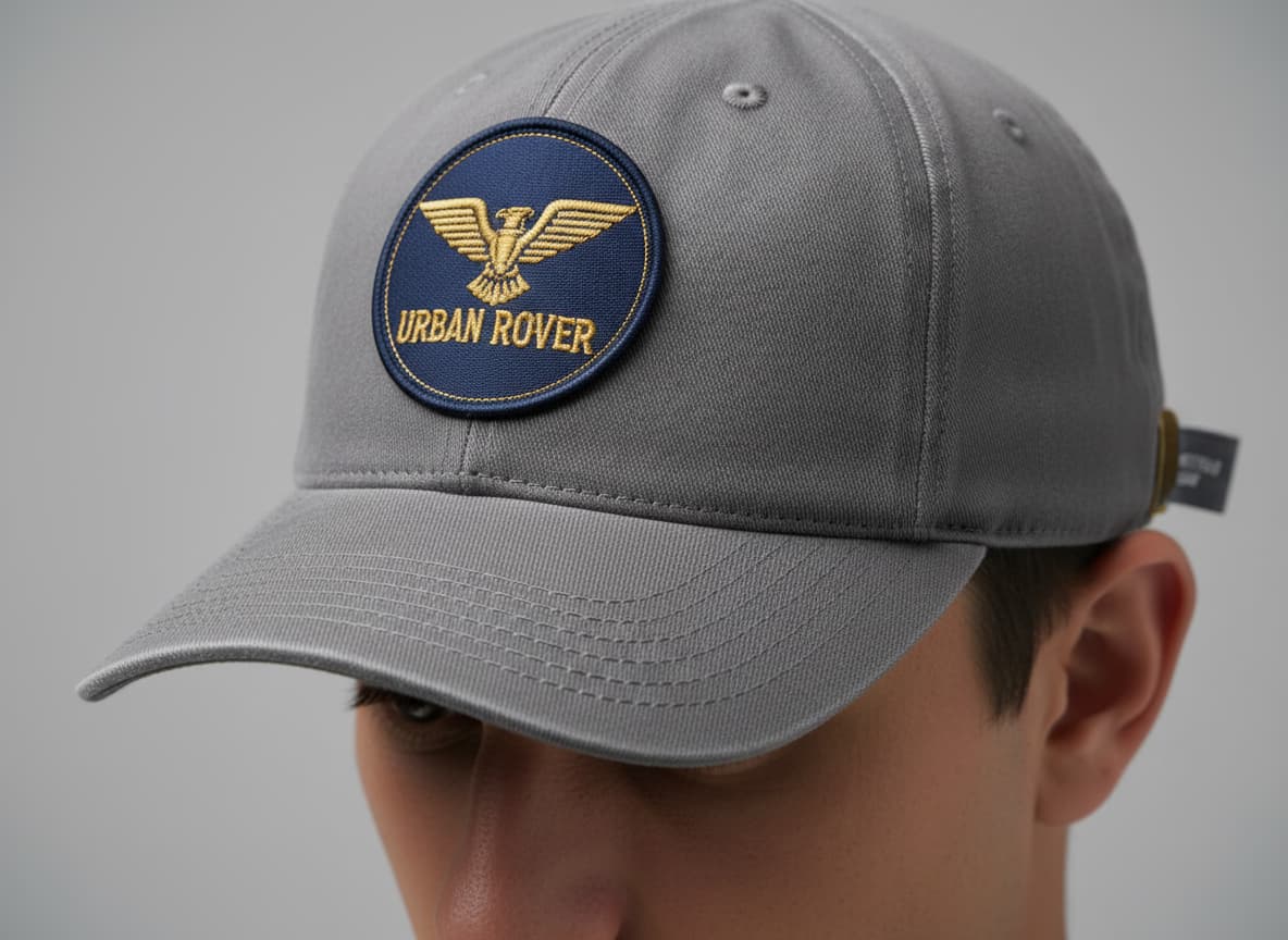 Close-up of hat showing preserved embroidered logo and construction details on AI model