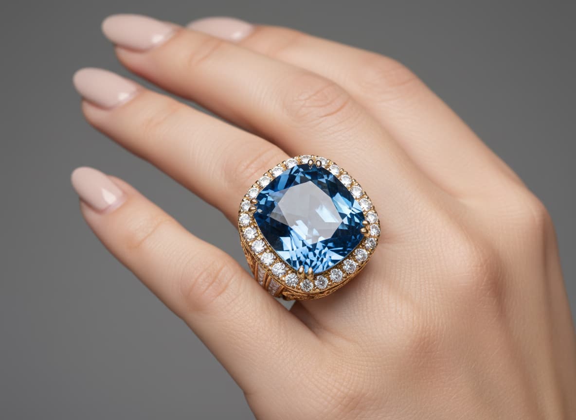 Close-up of jewelry showing preserved gemstone setting, metalwork and luxury details on AI model