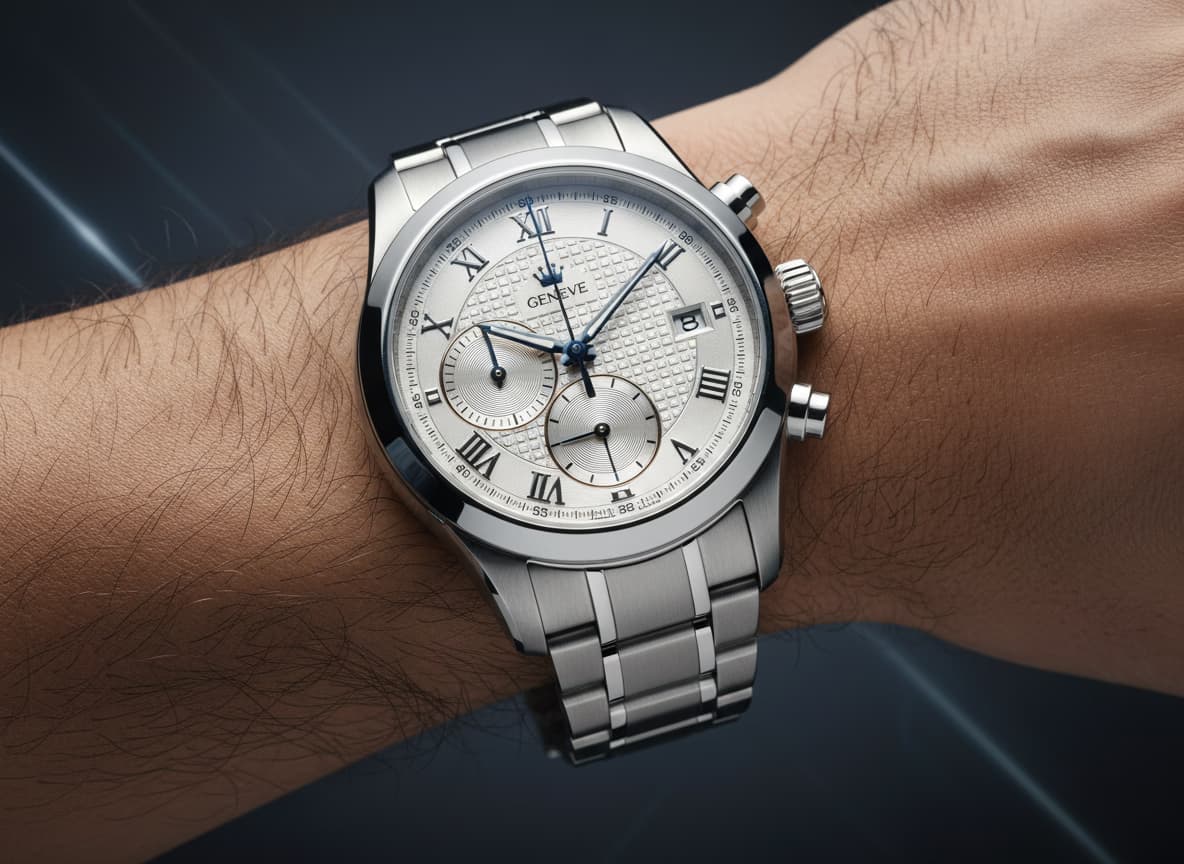 Close-up of watch showing preserved dial details, bracelet and luxury craftsmanship on AI model