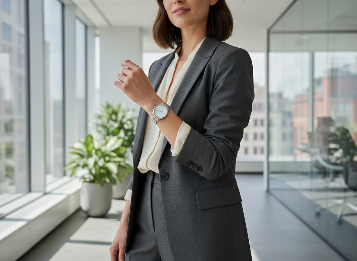 AI model wearing watch with professional outfit showing lifestyle styling and wrist fit