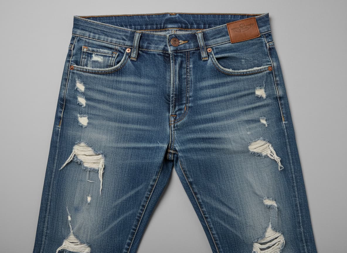 Close-up of jeans showing preserved denim wash, distressing and authentic wear patterns on AI model