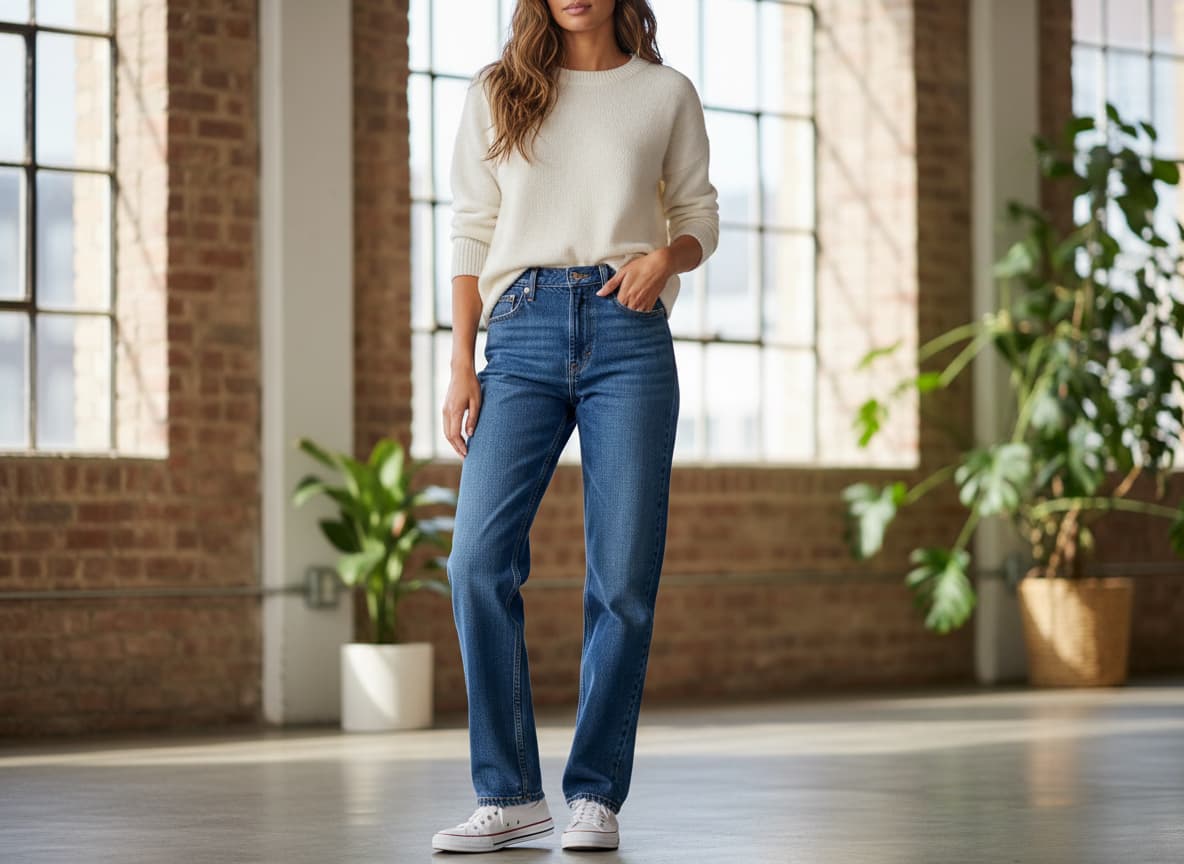 AI model wearing jeans showing realistic fit, silhouette and natural denim draping