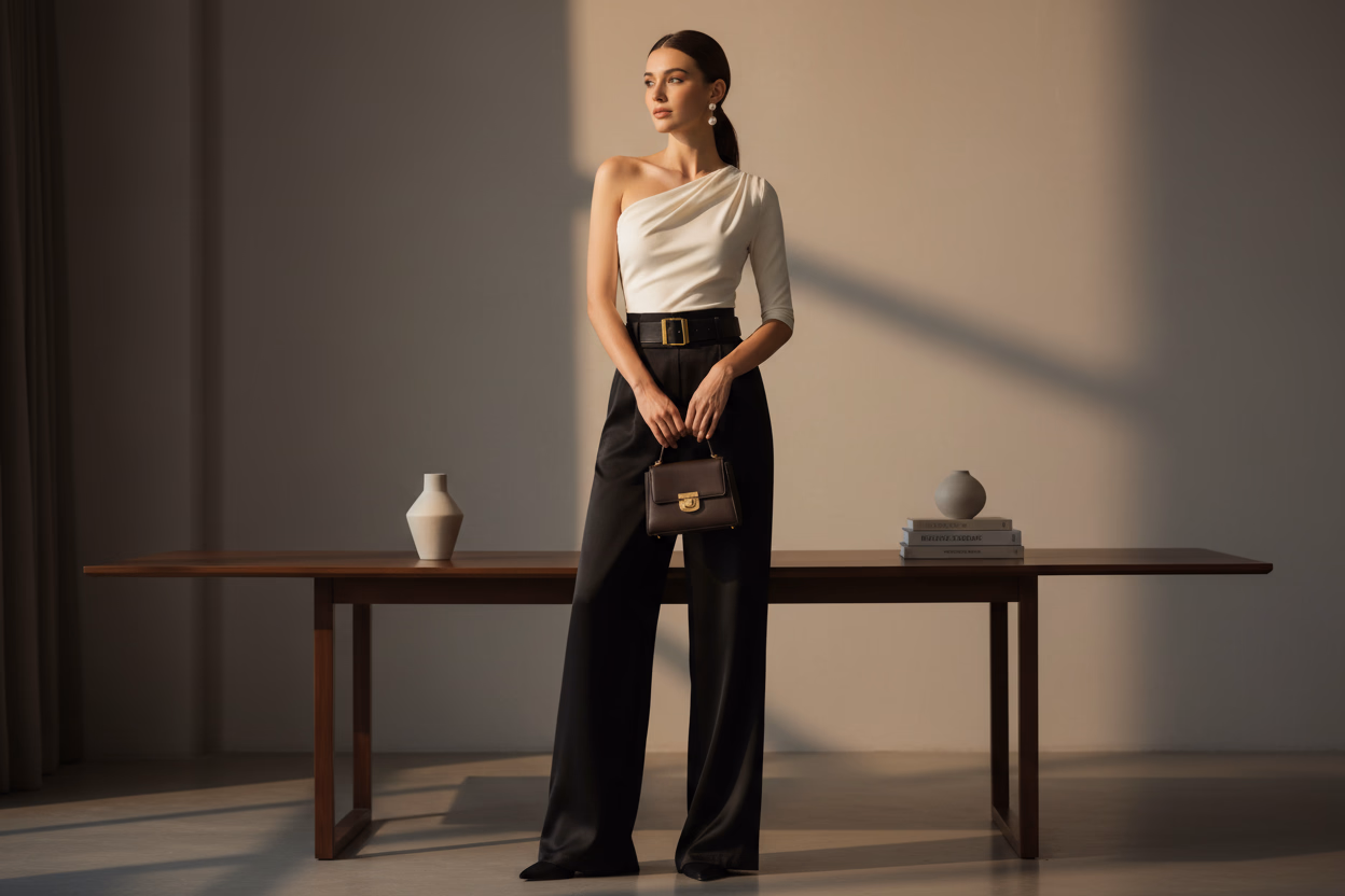 Professional AI fashion model wearing elegant pants in sophisticated lifestyle photography