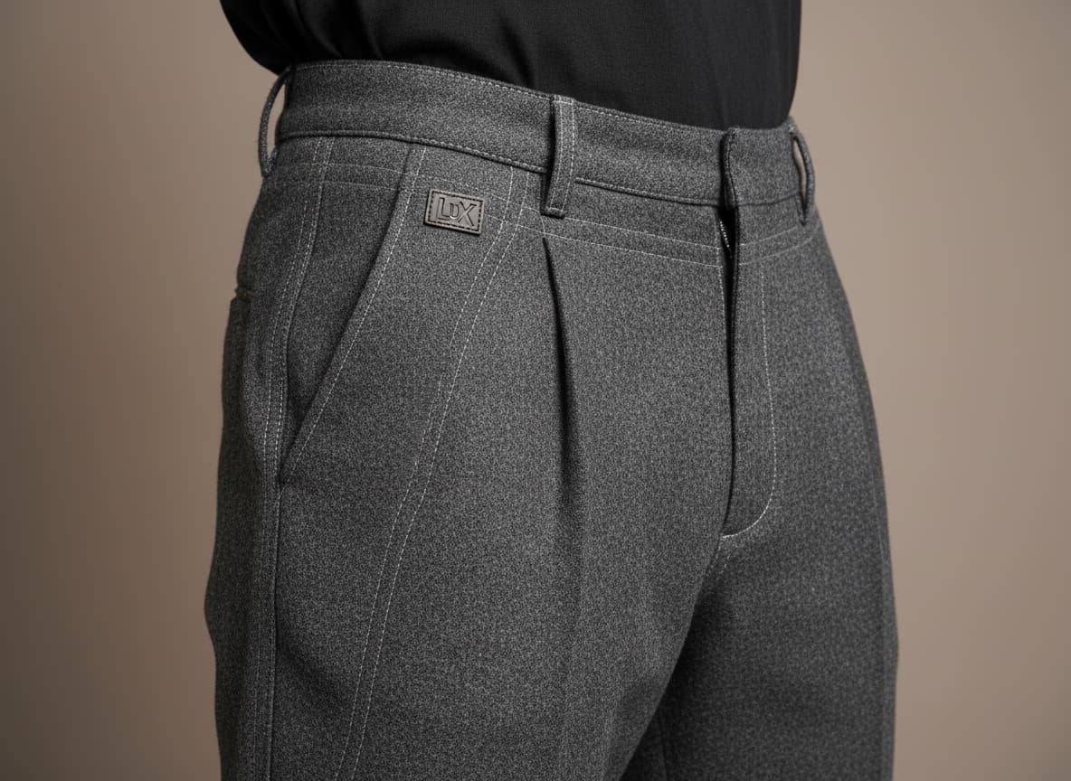 Close-up of pants showing preserved fabric texture, pleat details and construction on AI model