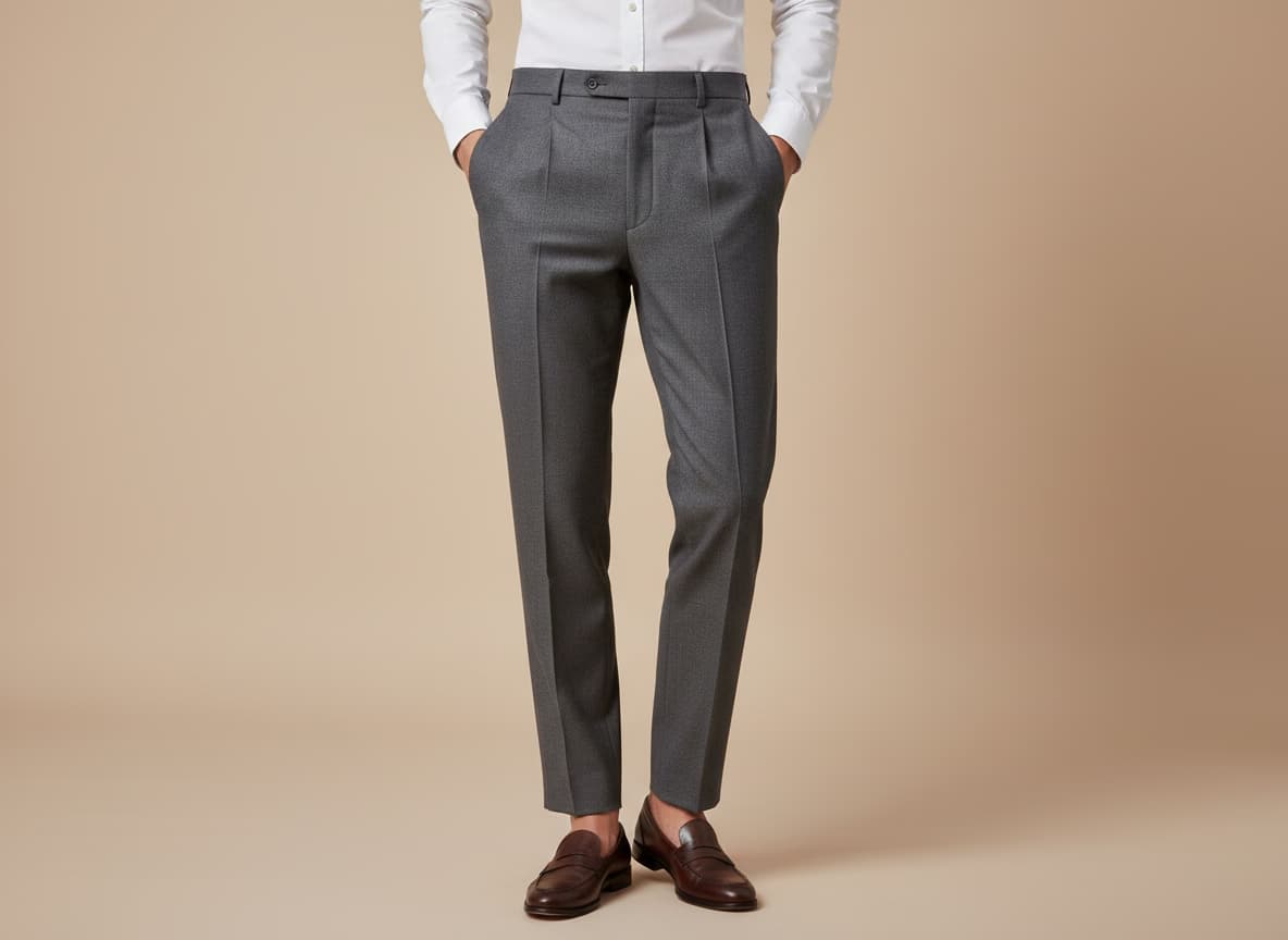 AI model wearing dress pants showing professional tailored fit and elegant draping