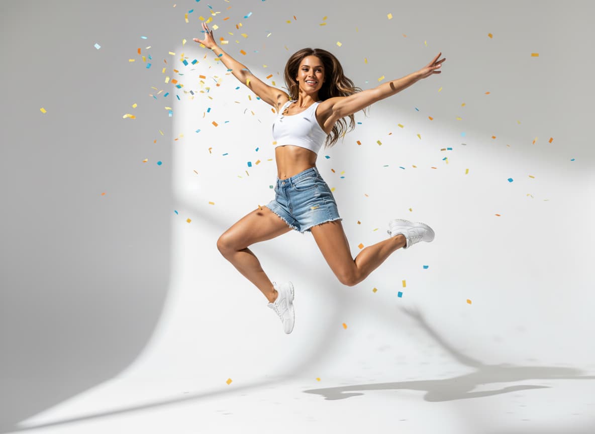 AI model wearing shorts in dynamic summer pose showing active lifestyle energy