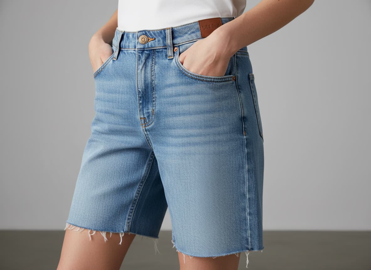 Close-up of shorts showing accurate length, fit proportions and construction details on AI model