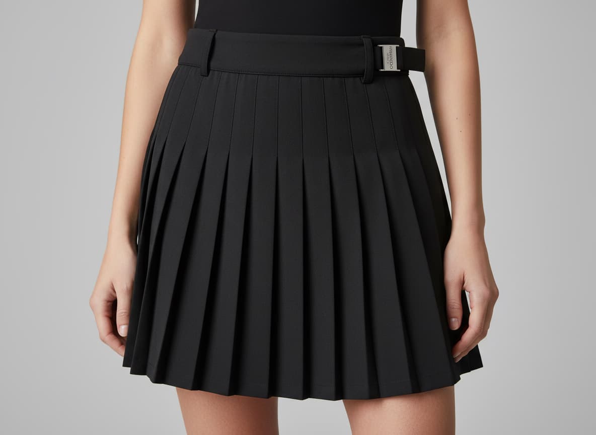 Close-up of skirt showing preserved pleat details, construction and waistband on AI model