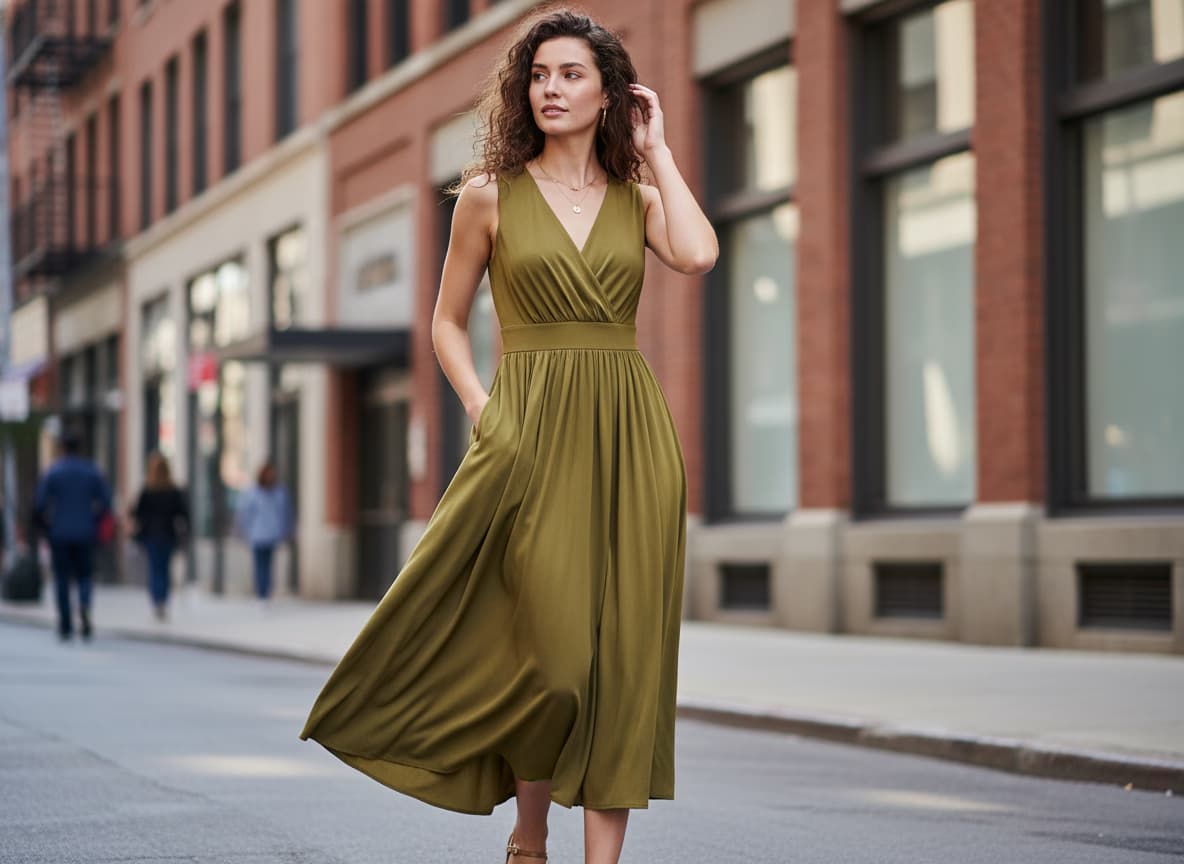 Female AI model wearing flowing maxi dress outdoors showing natural fabric movement and elegant draping in urban street setting