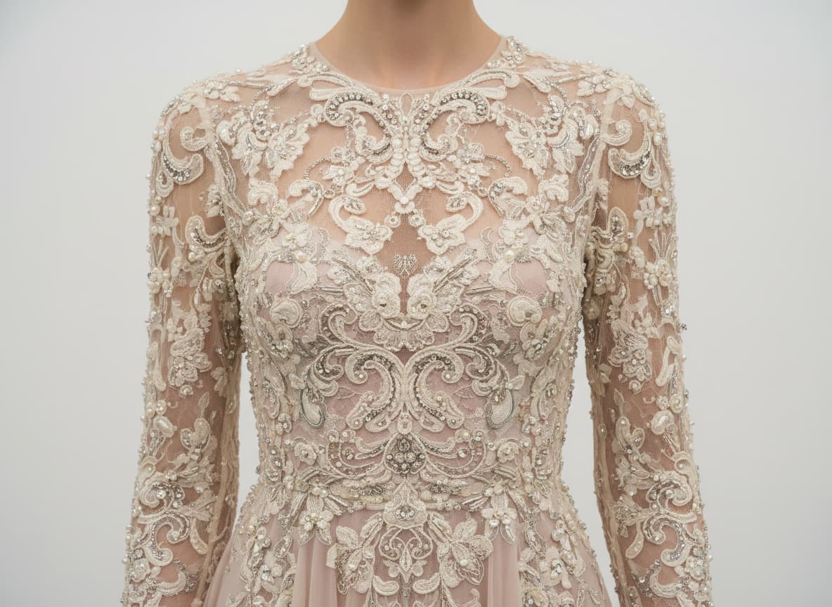 Close-up of female AI model wearing dress with intricate lace overlay and beading details in studio with gray background