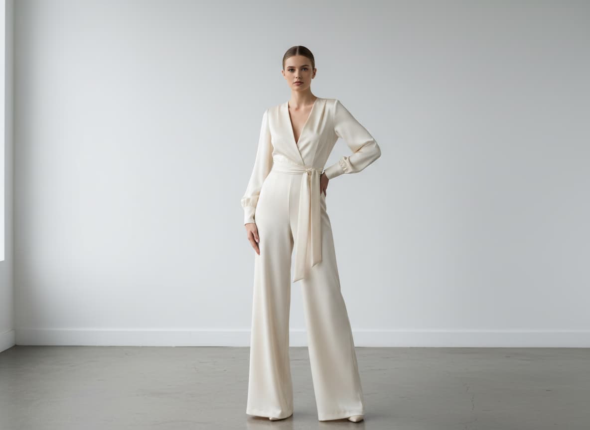 Male AI model wearing tailored jumpsuit outdoors showing full-body proportions and elegant silhouette in urban street setting