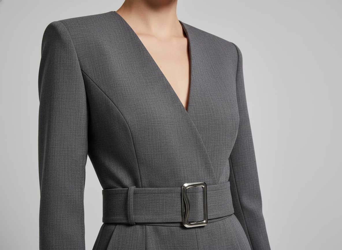 Close-up of female AI model wearing jumpsuit with modern neckline and belt detail in studio with gray background