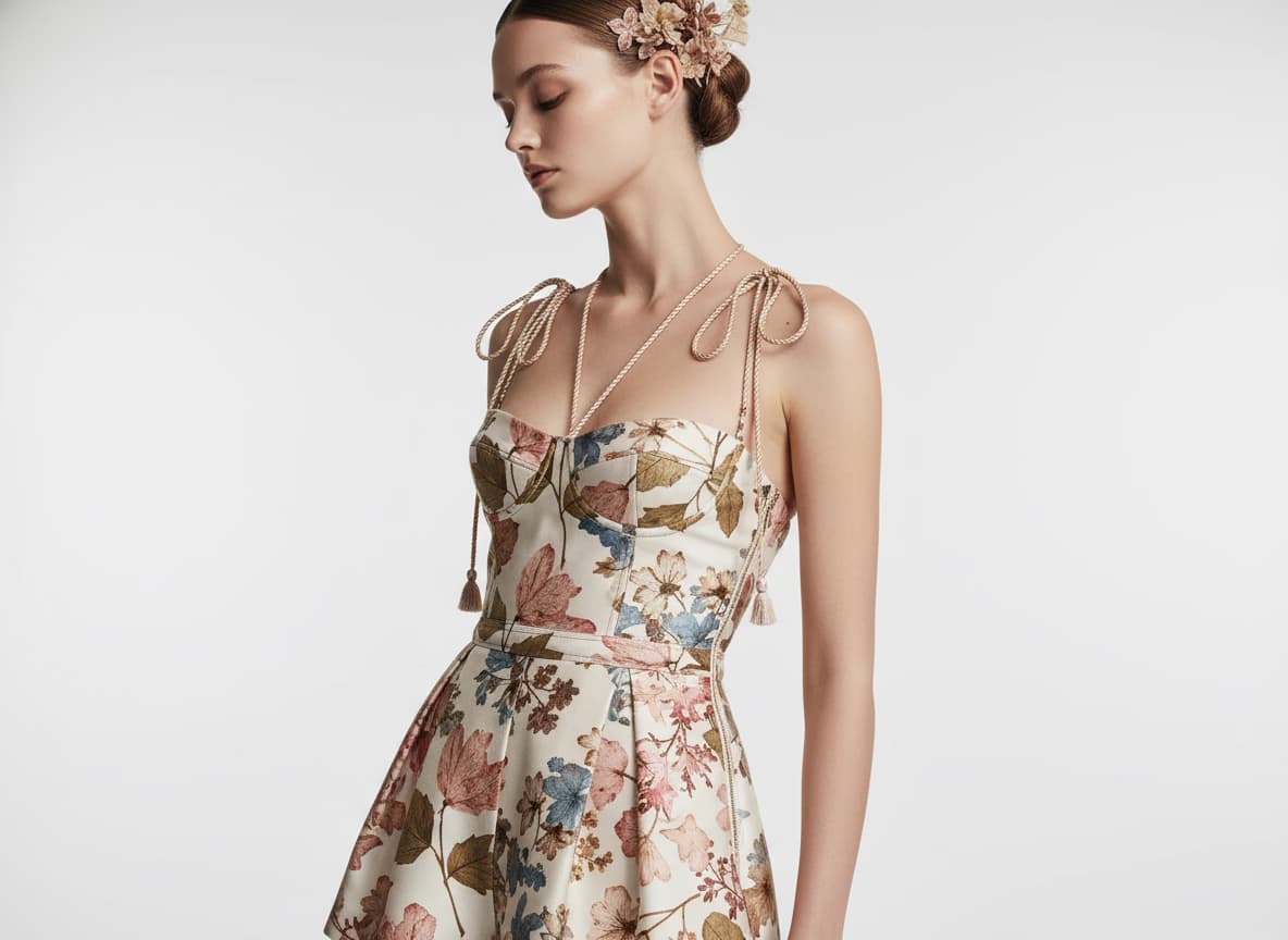 Close-up of female AI model wearing romper with vibrant floral print and adjustable straps in studio with gray background
