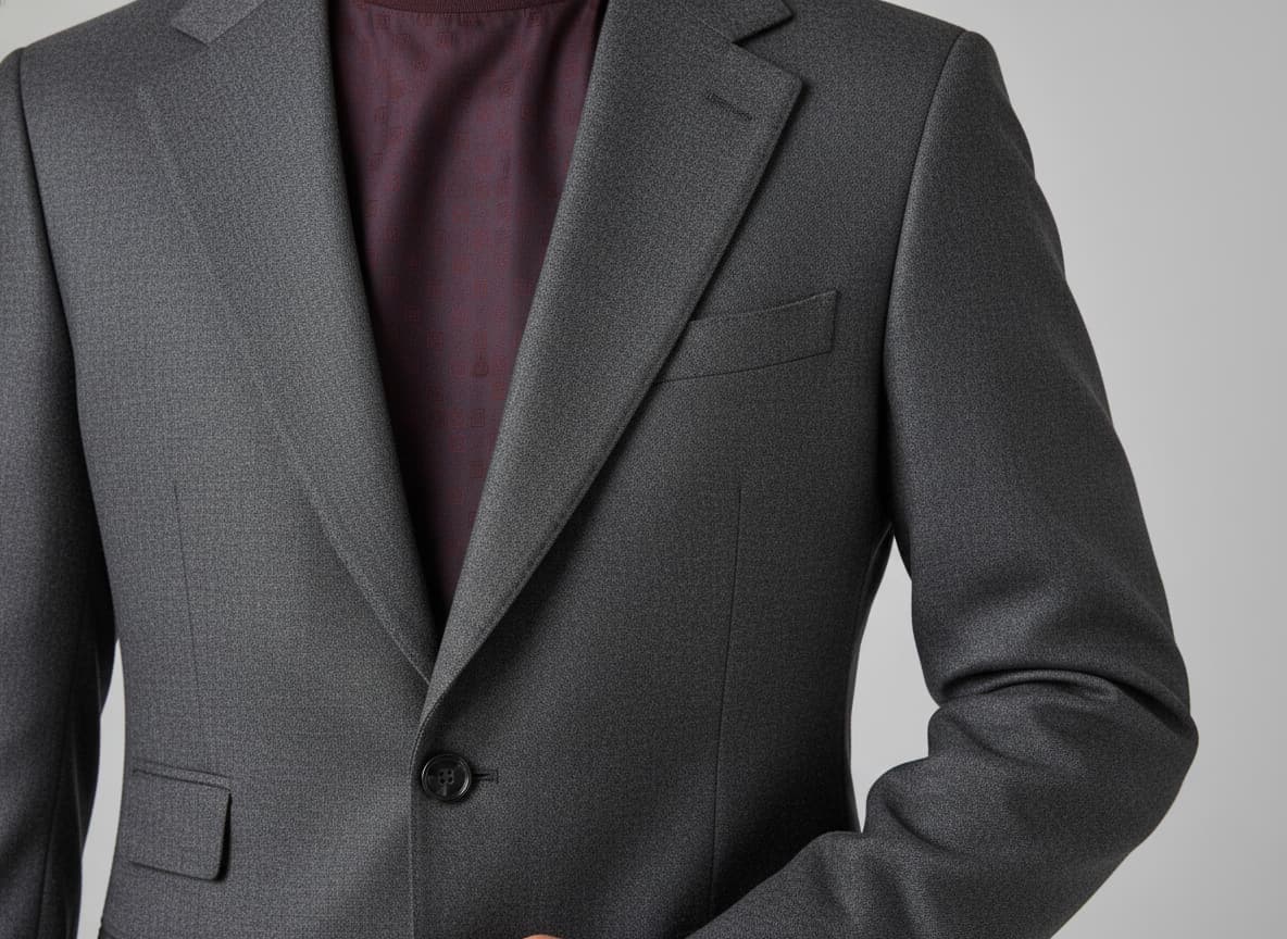 Close-up of blazer showing preserved lapel style, button details and tailoring construction on AI model