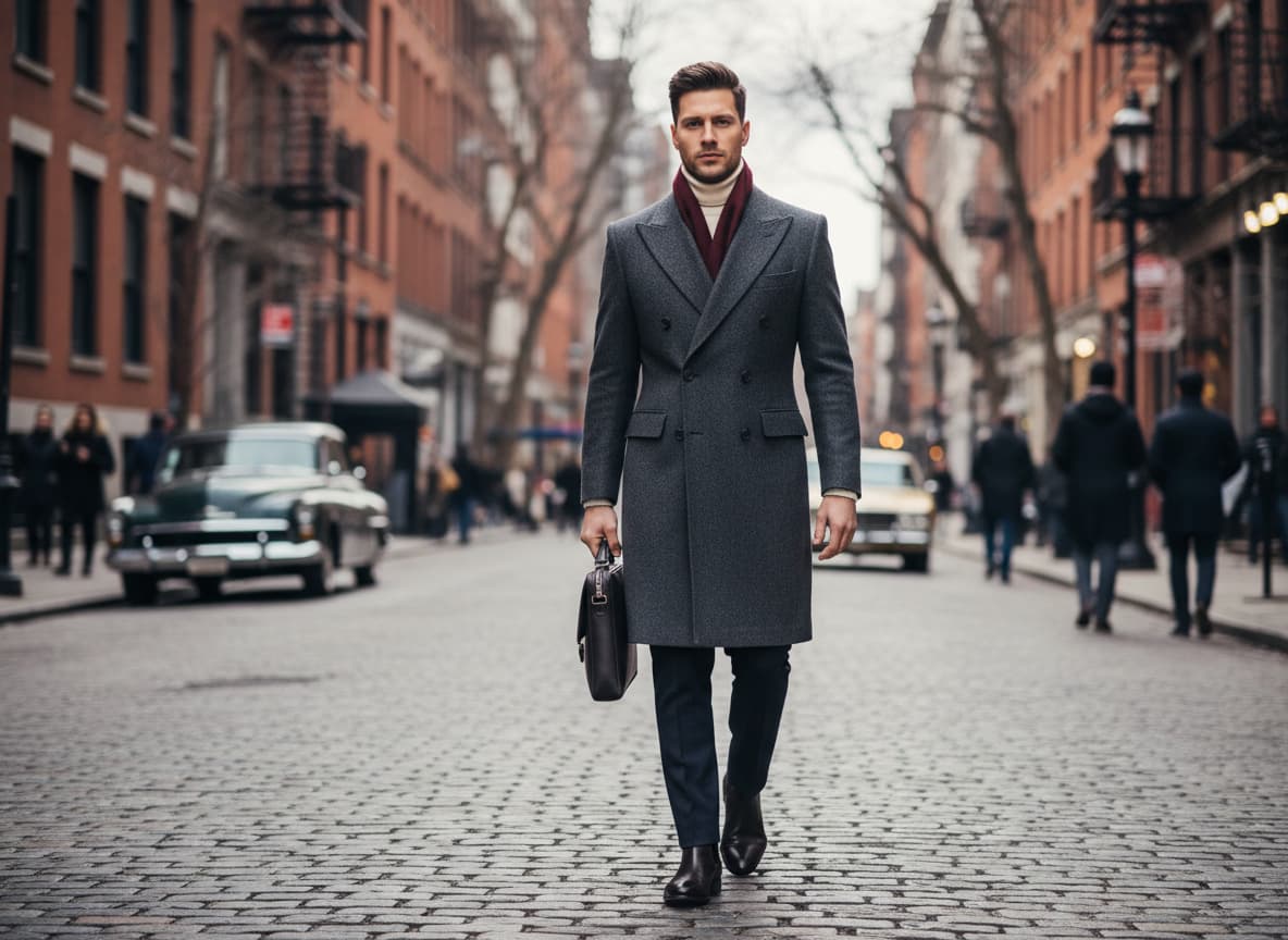 Professional male model wearing trench coat outdoors showing elegant draping and length proportions