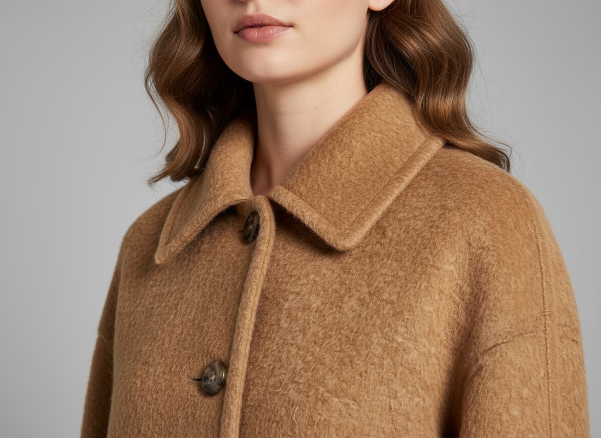 Close-up of coat showing luxurious wool texture, premium materials and quality construction on AI model