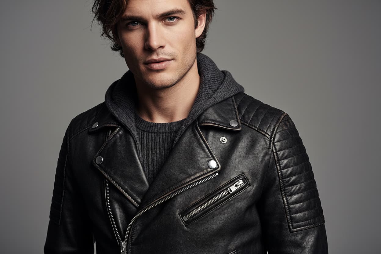 Professional AI fashion model wearing stylish jacket in modern streetwear lifestyle photography