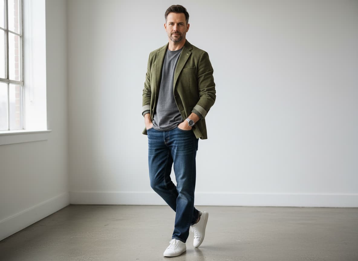 Professional fashion model wearing jacket over t-shirt showing layered fit and shoulder proportions