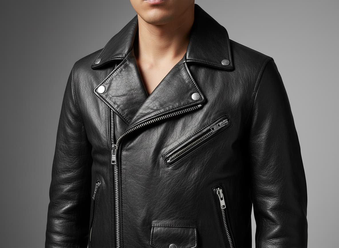 Close-up of leather jacket on model showing authentic texture, zipper hardware and material quality