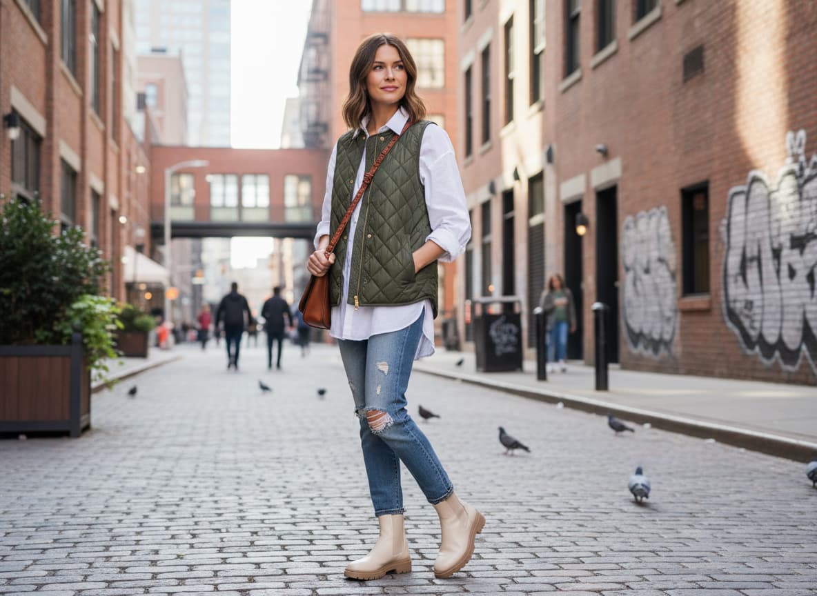 AI model wearing vest layered over shirt showing versatile styling and fit options