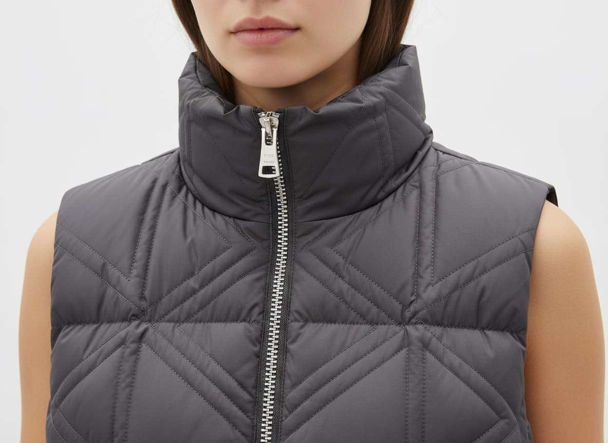 Close-up of puffer vest showing preserved quilting pattern, zipper details and hardware on AI model