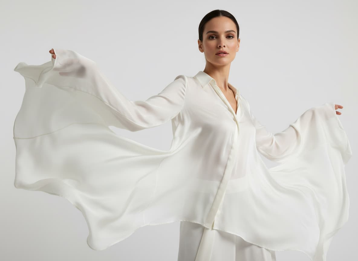 AI model wearing flowing blouse showing natural fabric draping and elegant movement