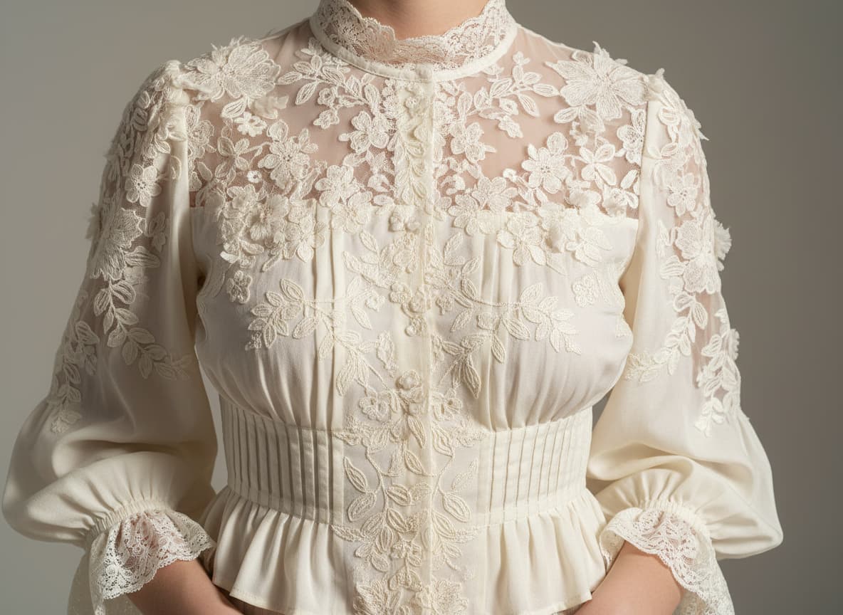 Close-up of blouse showing preserved lace details, embroidery and intricate design elements on AI model
