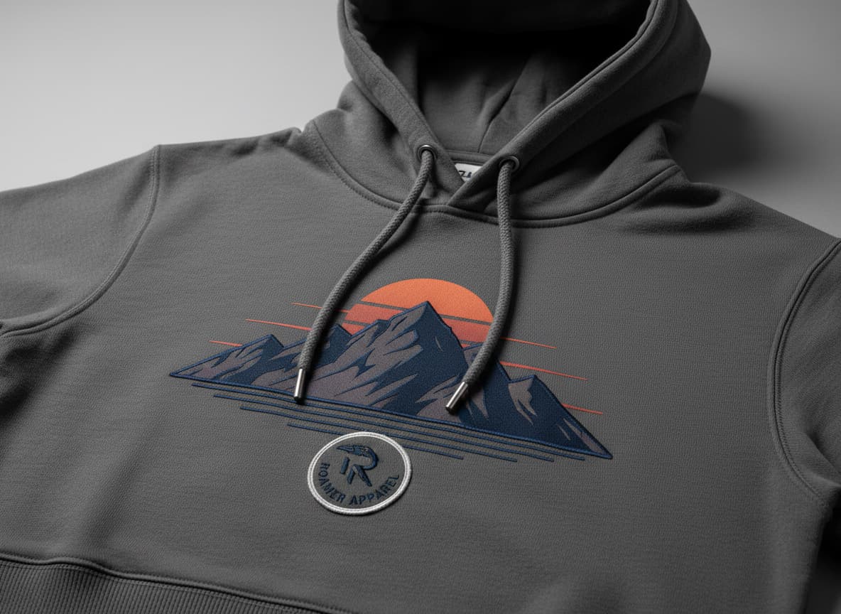 Close-up of hoodie showing preserved graphic design, logo and hood details on AI model