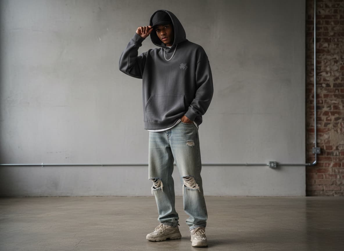 AI model wearing hoodie in authentic streetwear style with urban fashion aesthetic