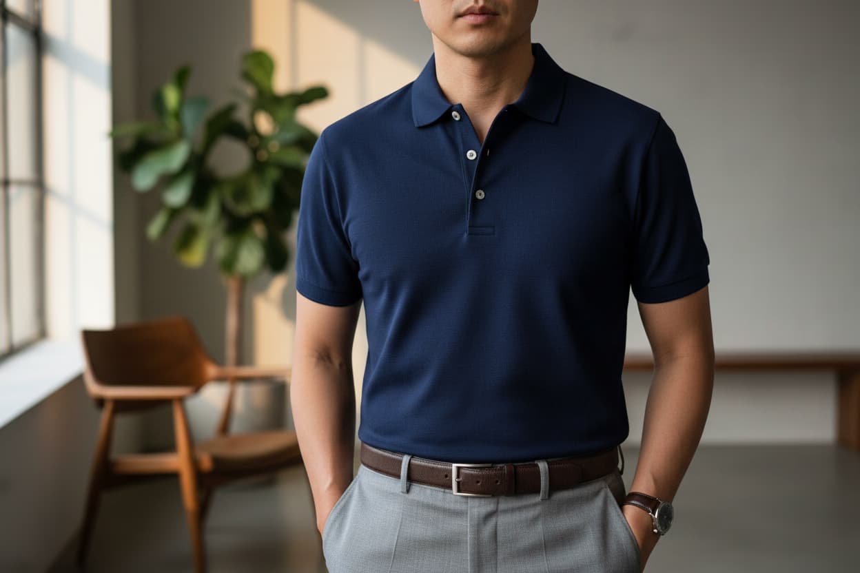Professional AI fashion model wearing classic polo shirt in sophisticated lifestyle photography