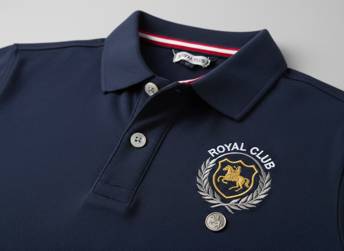 Close-up of polo shirt showing preserved embroidered logo, collar and button details on AI model