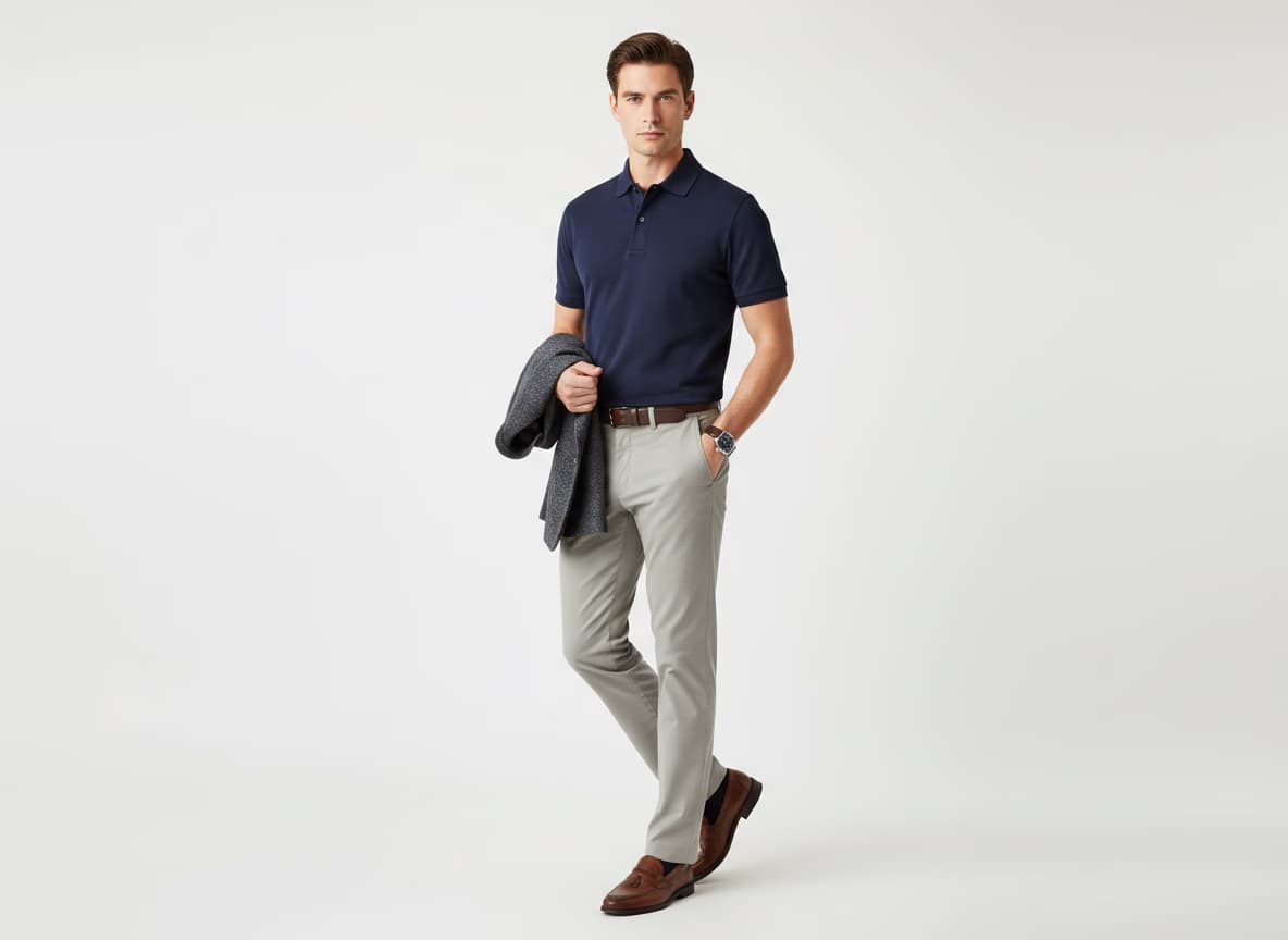 AI model wearing polo shirt in smart casual professional styling with refined aesthetic
