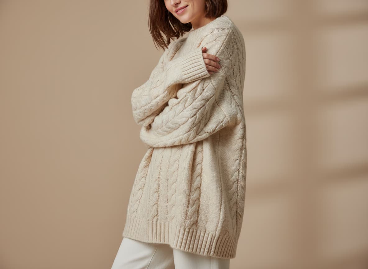 AI model wearing oversized sweater showing natural fabric draping and cozy fit