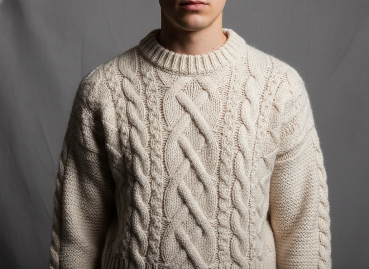 Close-up of sweater showing detailed cable knit pattern and texture on AI model