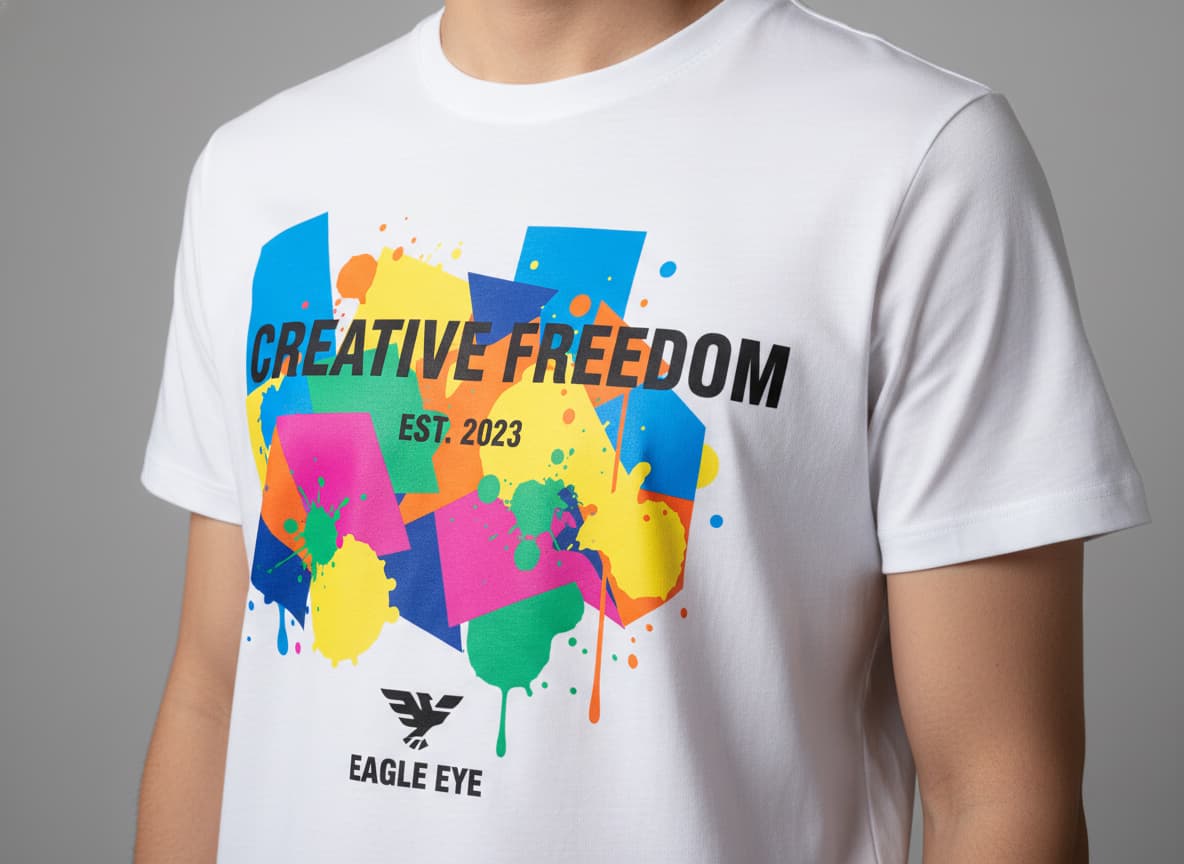 Close-up of AI fashion model wearing white t-shirt showing perfectly preserved colorful graphic design and crisp typography