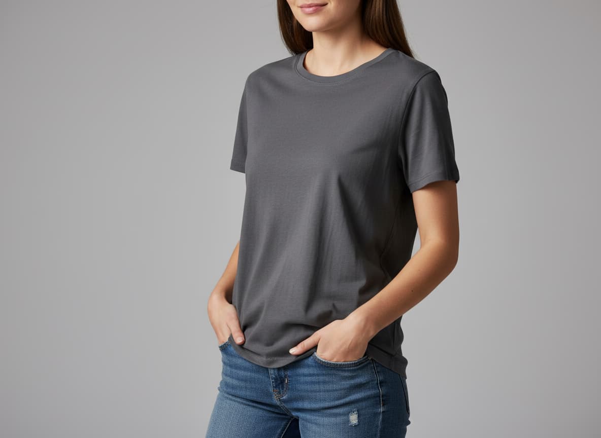 AI fashion model wearing casual t-shirt demonstrating realistic fabric draping, natural wrinkles and authentic body fit