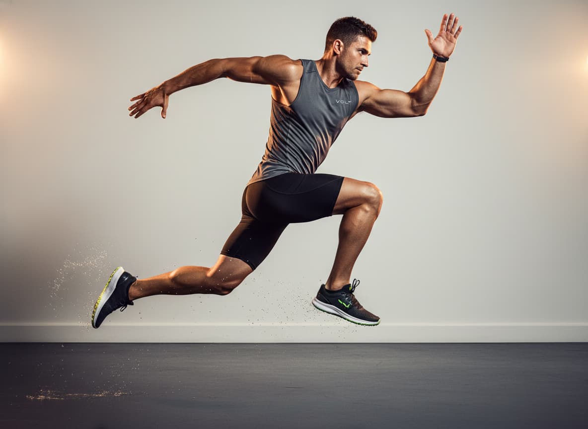 AI fitness model wearing tank top in dynamic athletic pose showing performance styling