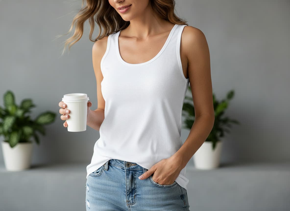 Fashion model wearing tank top demonstrating realistic fit, natural neckline and armhole styling with casual pose