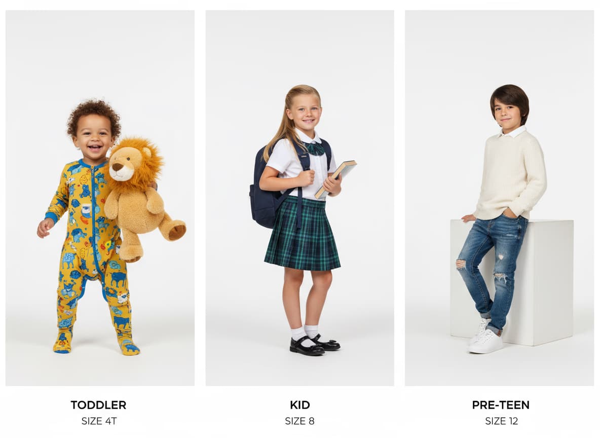 AI child models wearing variety of kids fashion styles showing category coverage from school to play wear
