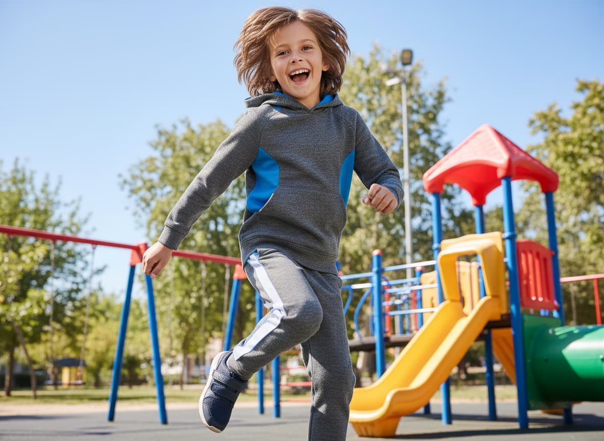 AI child model in playful pose showing fun kids fashion styling and youthful energy