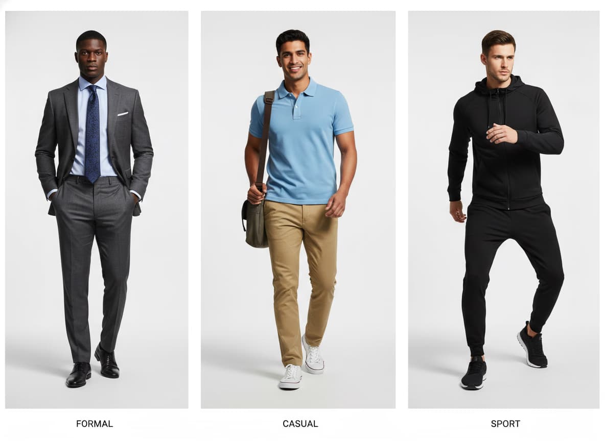 AI male models wearing variety of menswear styles showing category coverage from formal to casual