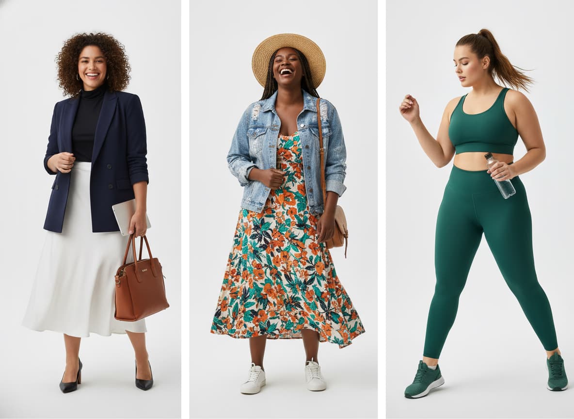 AI plus-size models wearing variety of fashion styles showing category coverage and versatility