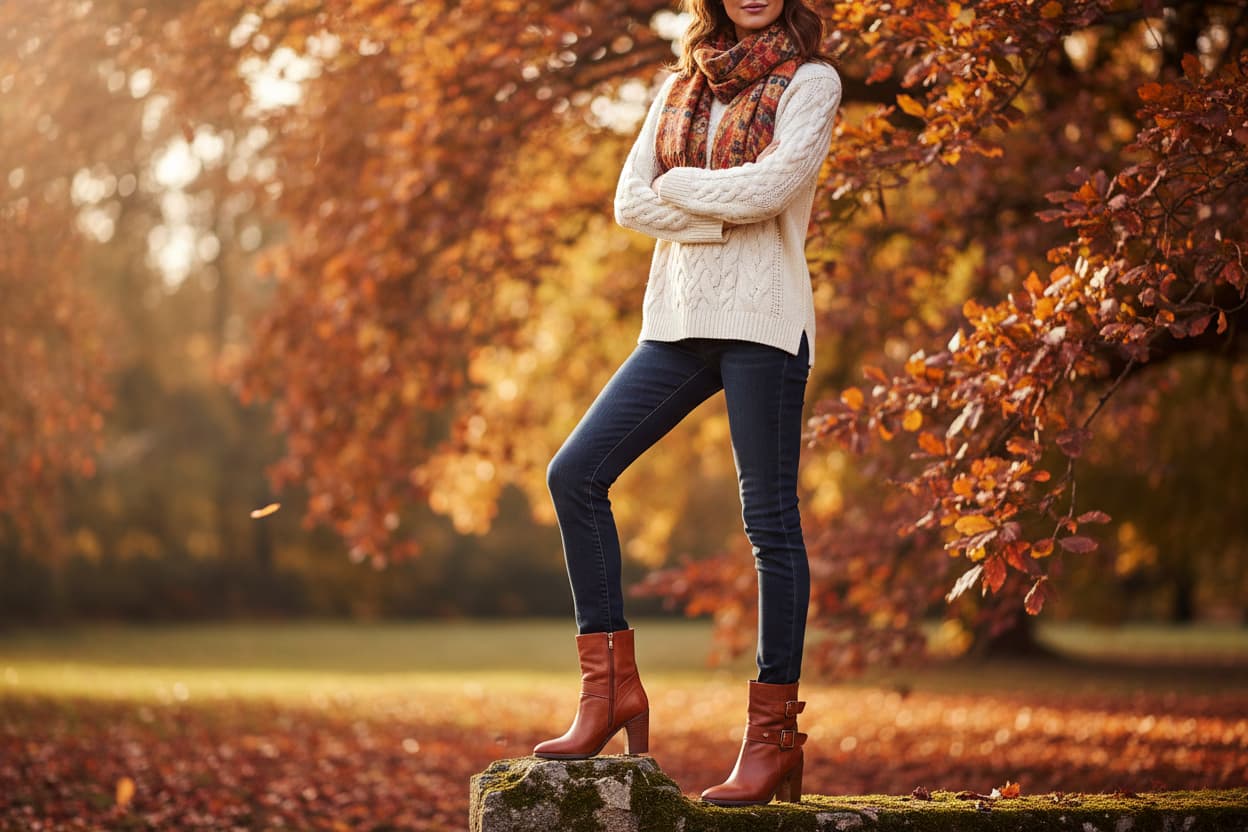 Professional AI fashion model wearing stylish boots in sophisticated lifestyle photography