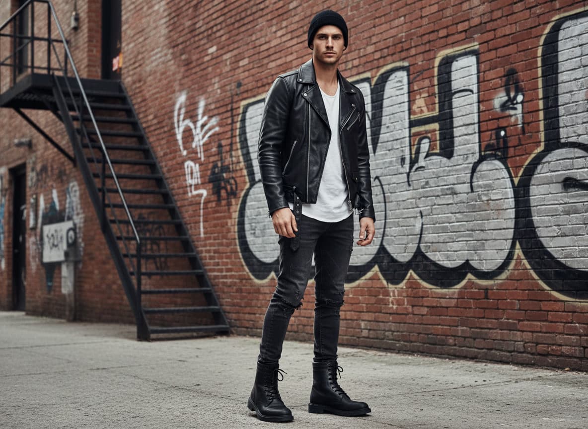 AI model wearing boots with complete outfit showing lifestyle styling and proportions