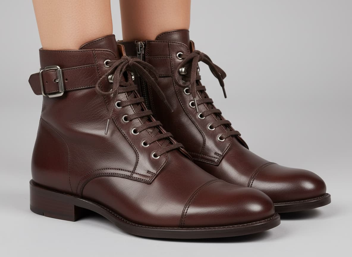 Close-up of boots showing preserved leather texture, buckle details and hardware on AI model