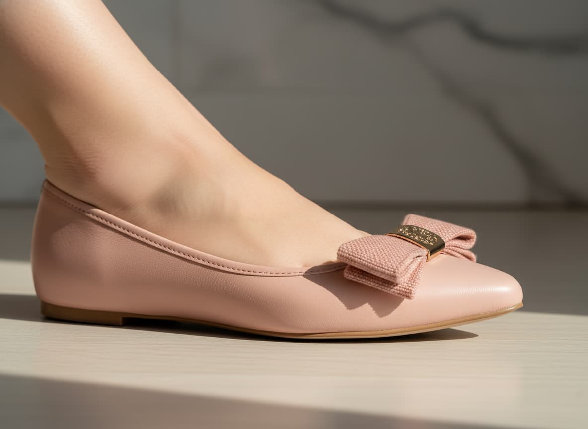 Close-up of flats showing preserved design details, embellishments and construction on AI model